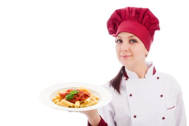 Chef with pasta plate in her hands clipart