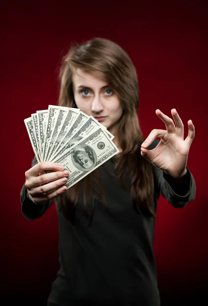 Fan of money and sign OK — Stock Photo, Image