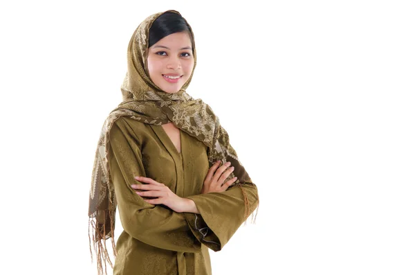 Egy fiatal muszlim nő fehér háttér portréja — Stock Fotó