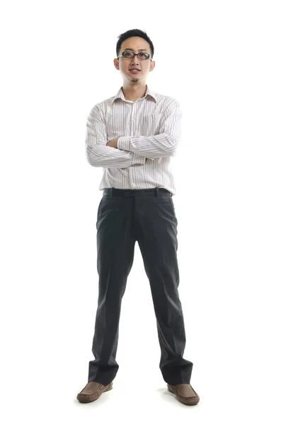 Full length of young Asian business man stand on white backgroun — Stock Photo, Image