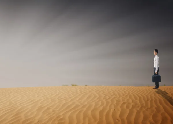 Asiatischer Geschäftsmann mitten in der Wüste — Stockfoto
