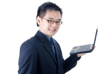 Asian male with a computer clipart