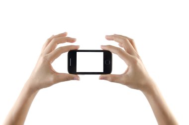 2 hands holding small smartphone clipart