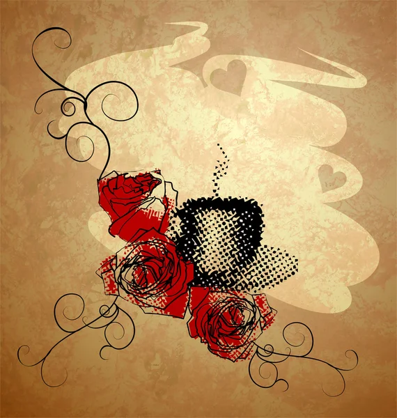 Koffiekopje, rode rozen en grunge achtergrond met hart — Stockfoto