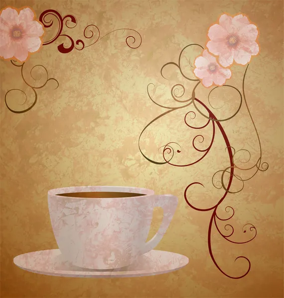 Różowe kwiaty i filiżankę kawy na tle papier brązowy granica — Zdjęcie stockowe