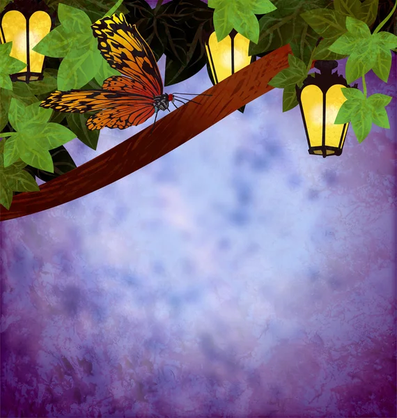 Ogrodowe latarnie i lampy z żółtego światła nocy nieczysty obraz — Zdjęcie stockowe