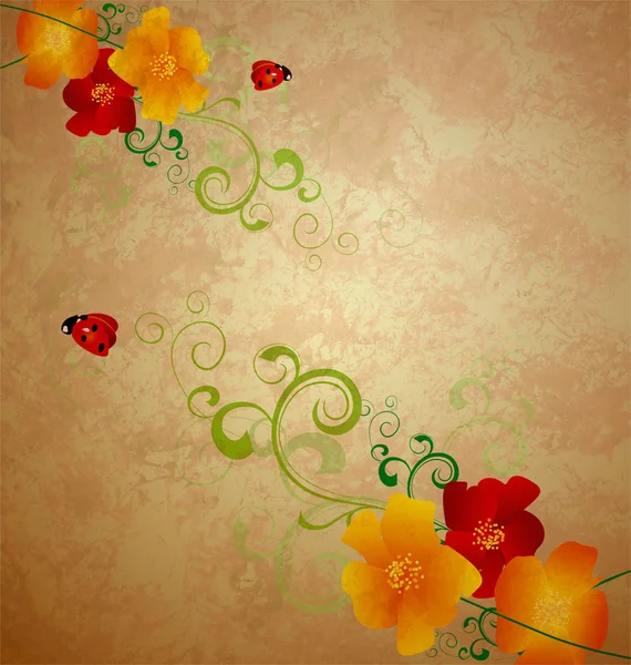 Ilustração de papoilas vermelhas e amarelas com ideia de joaninha — Fotografia de Stock