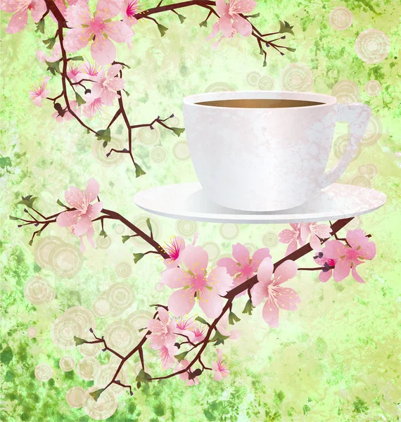 Pink sakura flowers on branches with coffee cup grunge backgrou — Stock Photo, Image
