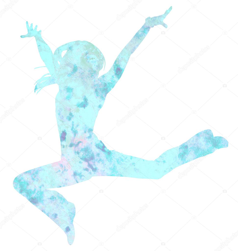 Woman dancer silhouette grunge illustration light blue watercolo