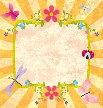 Grunge illustration frame with butterlies and dragonfly summer f clipart