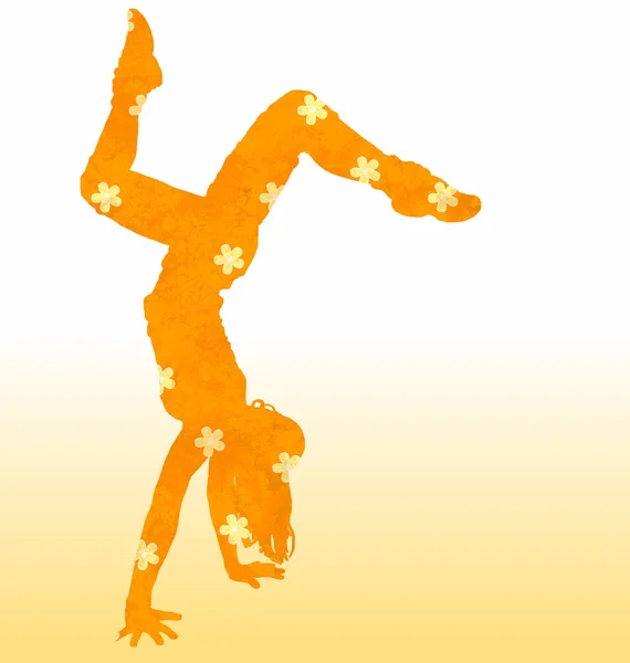 踊る少女のシルエット グランジ花テクスチャ オレンジ — ストック写真