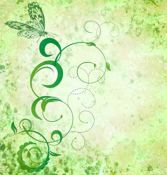 Grön grunge illustration med växter och fjäril — Stockfoto