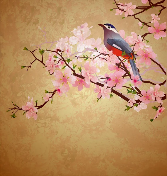 Grunge illustration med fågel på blommande träd brunch — Stockfoto
