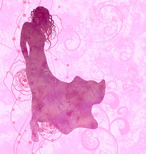 Silhouette girl in evening dress on pink roses background — Stock Photo, Image