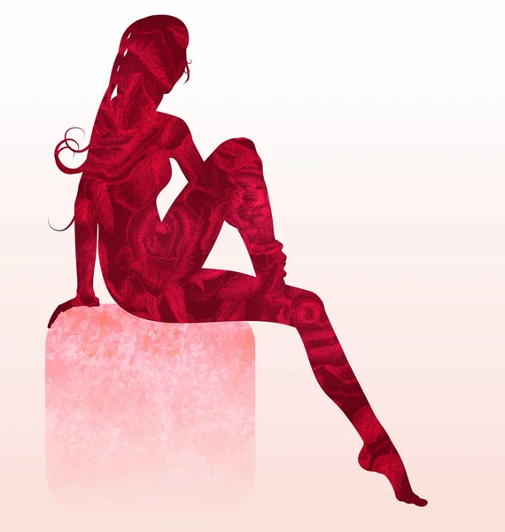 Beyaz zemin üzerine oturan kırmızı gül kız siluet — Stok fotoğraf