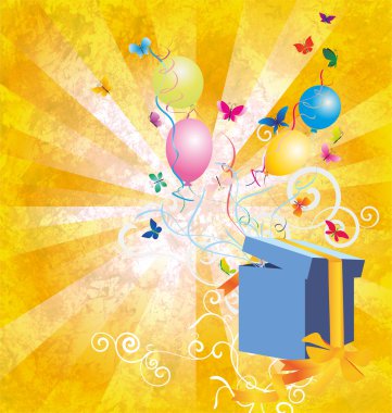 Yellow light grunge backgroynd with gift box, butterflies and ba clipart