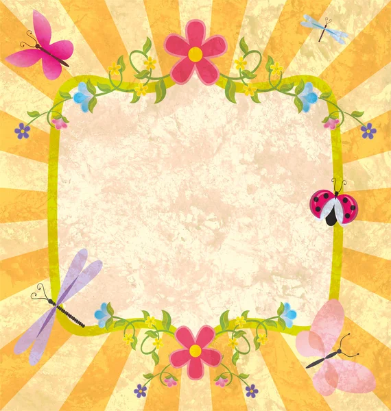 Grunge illustratie frame met butterlies en dragonfly zomer f — Stockfoto