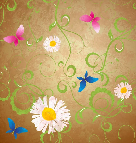 Seamless grunge daisies and butterflies retro background — Stock Photo, Image