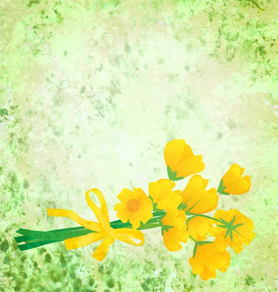 Yellow flowers with ribbon on grunge green watercolor background — Stock Photo, Image