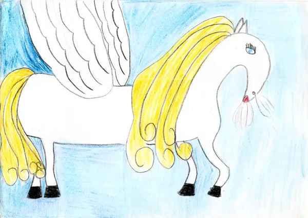 Ołówek dziecko rysuje złoty i biały koń latający niebieski niebo — Zdjęcie stockowe