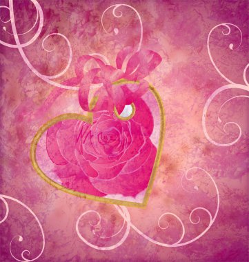 Golden heart with rose flower pink composition grunge idea for v clipart