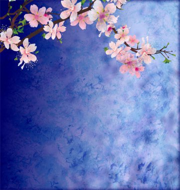 Pink cherry blossom branch on dark blue grunge background easte clipart