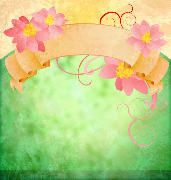 Grunge vintage green background with pink flowers and scroll — Stock Photo, Image