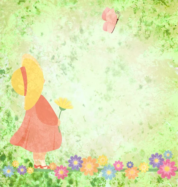 Meisje in roze jurk en geel hoed met bloemen en vlinder op — Stockfoto