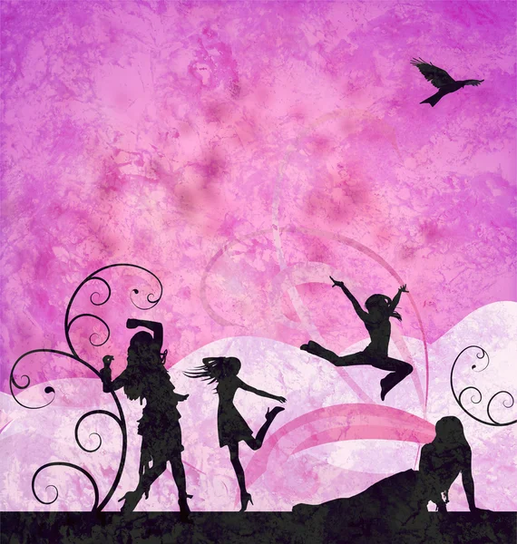Moda niñas siluetas en grunge rosa y violeta de fondo —  Fotos de Stock