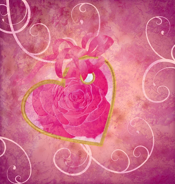 Χρυσή καρδιά με το ροδαλό λουλούδι ροζ σύνθεση grunge ιδέα για v — Φωτογραφία Αρχείου