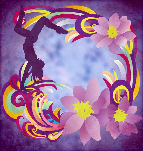 Silhuette mujer bailando con rayas de color y flores en g azul — Foto de Stock