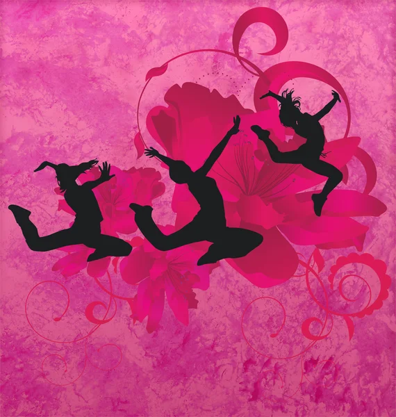 Drie stedelijke moderne dansende vrouwen silhuettes op de rode of roze g — Stockfoto