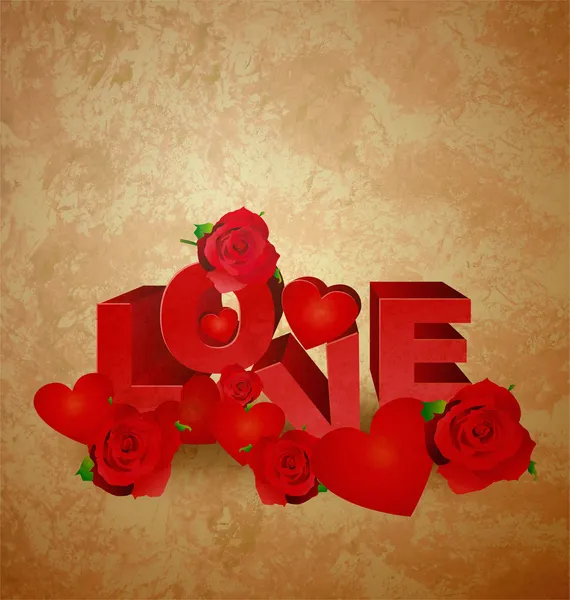 Amor texto rojo sobre marrón viejo papel grunge fondo con corazones a — Foto de Stock