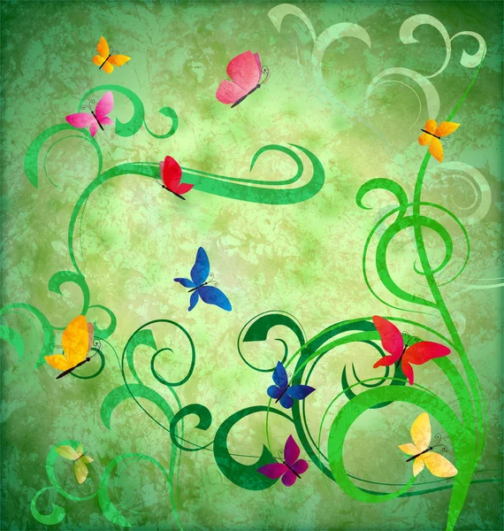 Green Grunge Ideenhintergrund mit Blüten und Schmetterlingen — Stockfoto