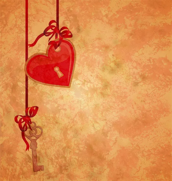 Grunge texturerat bakgrund med lock röd hjärta och viktiga hängande o — Stockfoto