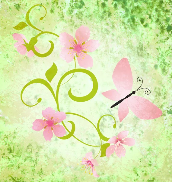 春のピンクの花と蝶と緑のグランジ背景 — ストック写真