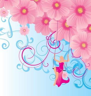 Young model in the sky on swings with pink flowers illustration