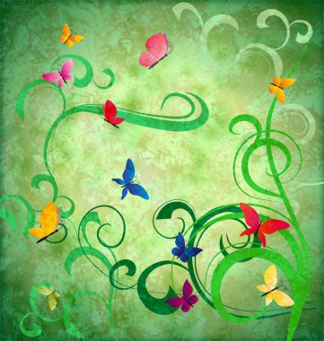 Green grunge idea background with flourishes and butterflies eas clipart