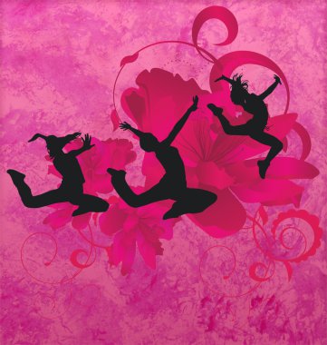 Three urban modern dancing women silhuettes on the red or pink g clipart