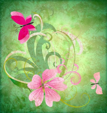 Bahar kelebek ve pembe çiçek grunge yeşil renkli Doğu