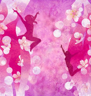 Three urban modern dancing women silhuettes on the red or pink g clipart