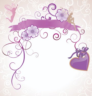 Violet or purple fairies and flowers heart scrollon white backgr clipart