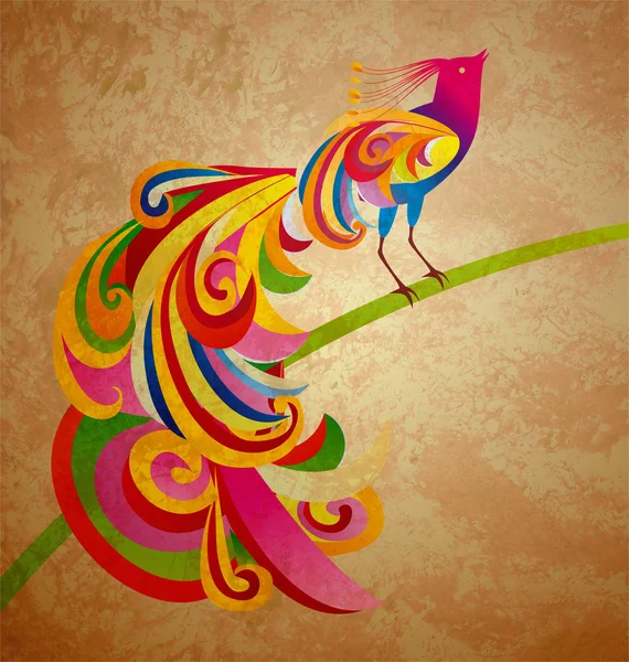 Grunge ilustración de pavo real decorativo (búho real) pájaro sentado —  Fotos de Stock