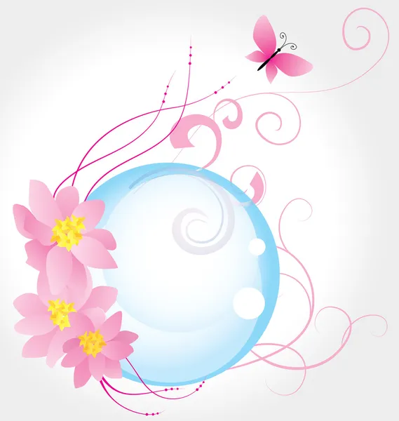 Blaue Blase und drei rosa Blumen mit Schmetterling isoliert auf wh — Stockfoto
