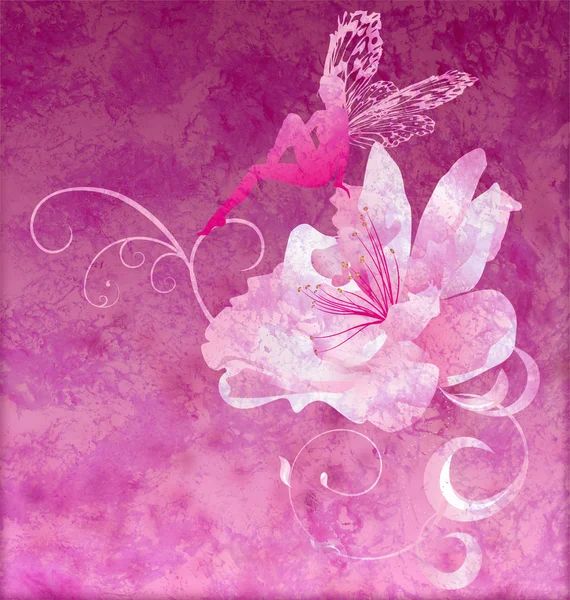 Pink little flower fairy on the dark magenta spring or summer gr — Stock Photo, Image