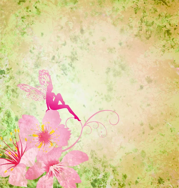 Pink little flower fairy on the green spring or summer grunge ba — Stock Photo, Image