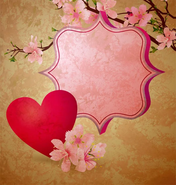 Grungeillustrasjon med blomstrende kirsebærtre og rød hjertedal – stockfoto