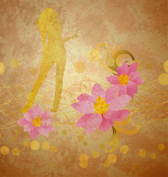 グランジ背景の古い紙の上の少女とピンクの花 — ストック写真