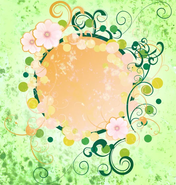 Grunge green spring frame with cosmos flowers and flourishes hol — Zdjęcie stockowe