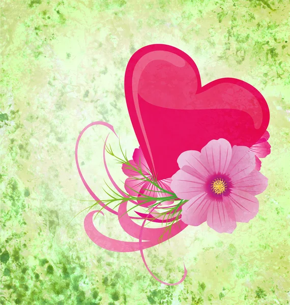 Grüner Grunge-Hintergrund mit lila und rosa Herz und Blumen — Stockfoto